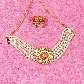Adorable Gold Plated Pearl Choker Stones Kundan Choker Necklace & Earring Set For Women 3