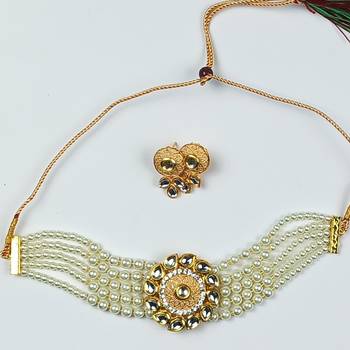 Adorable Gold Plated Pearl Choker Stones Kundan Choker Necklace & Earring Set For Women 1