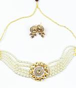Adorable Gold Plated Pearl Choker Stones Kundan Choker Necklace & Earring Set For Women