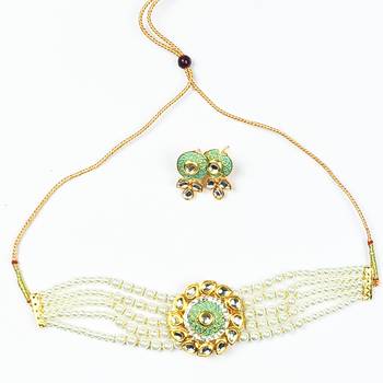 Adorable Gold Plated Pearl Choker Stones Kundan Choker Necklace & Earring Set For Women 1