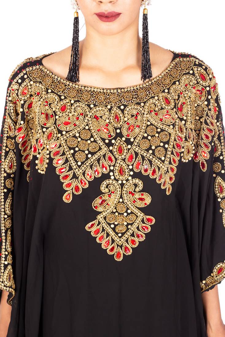 Black Gold and Contrast Beaded Wedding Farasha /Abaya/Gown/Gold Embellished Kaftan Maxi Dress