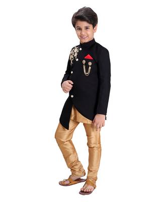 Gold plain cotton silk boys-indo-western-dress 3