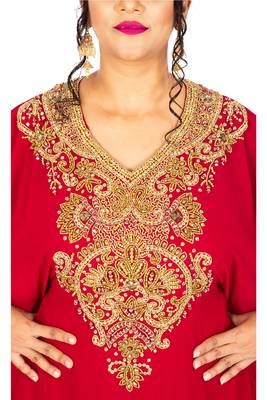 Red Wedding Farasha /Abaya/Gown/Gold Embellished Kaftan Maxi Dress 3