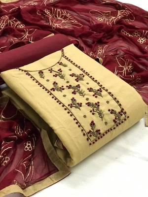 Beige Cotton Embellished, Embroidered Salwar Suit Material  (Unstitched) 1