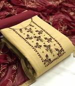 Beige Cotton Embellished, Embroidered Salwar Suit Material  (Unstitched)