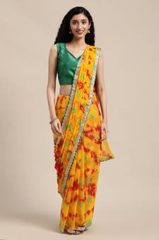 Geroo Jaipur Yellow Hand Crafted shibori tie & dye/Bandhani art chiffon saree