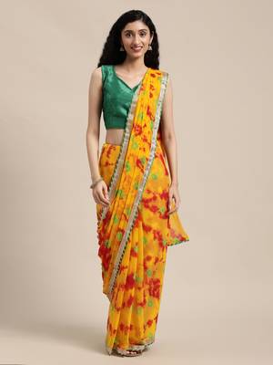   Yellow Hand Crafted shibori tie & dye/Bandhani art chiffon saree 1