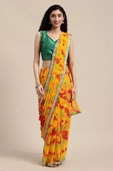 Geroo Jaipur Yellow Hand Crafted shibori tie & dye/Bandhani art chiffon saree