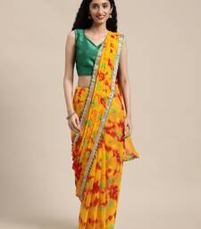   Yellow Hand Crafted shibori tie & dye/Bandhani art chiffon saree