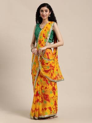   Yellow Hand Crafted shibori tie & dye/Bandhani art chiffon saree 2