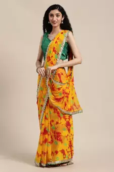   Yellow Hand Crafted shibori tie & dye/Bandhani art chiffon saree