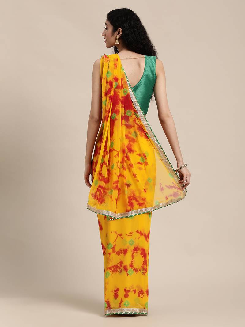 Geroo Jaipur Yellow Hand Crafted shibori tie & dye/Bandhani art chiffon saree
