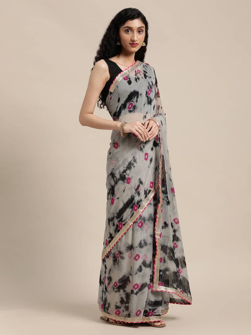 Black Hand Crafted shibori tie & dye/Bandhani art chiffon saree