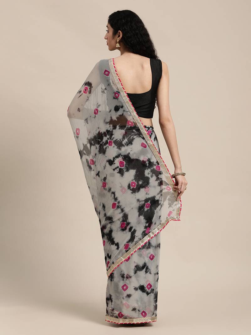 Black Hand Crafted shibori tie & dye/Bandhani art chiffon saree