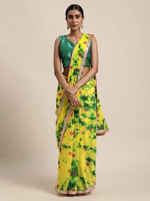 Geroo Jaipur Yellow Hand Crafted shibori tie & dye/Bandhani art chiffon saree 1