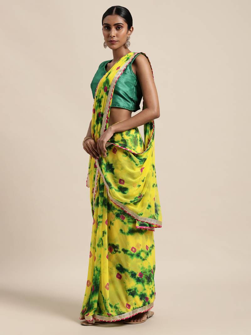 Geroo Jaipur Yellow Hand Crafted shibori tie & dye/Bandhani art chiffon saree