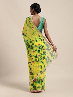 Geroo Jaipur Yellow Hand Crafted shibori tie & dye/Bandhani art chiffon saree 3