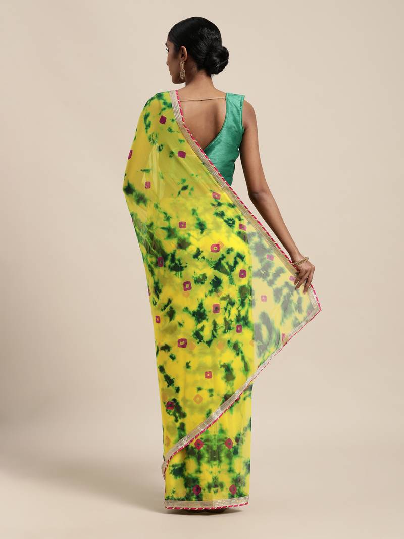 Geroo Jaipur Yellow Hand Crafted shibori tie & dye/Bandhani art chiffon saree
