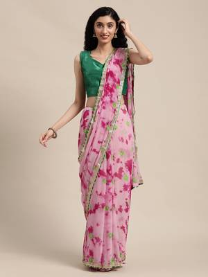 Pink Hand Crafted shibori tie & dye/Bandhani art chiffon saree 1