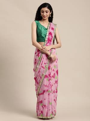 Pink Hand Crafted shibori tie & dye/Bandhani art chiffon saree 2