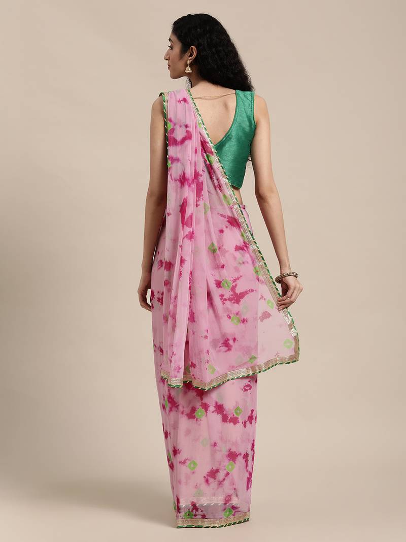 Pink Hand Crafted shibori tie & dye/Bandhani art chiffon saree