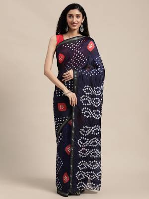 Geroo Jaipur Navy Blue Hand Crafted Bandhani art silk saree 1