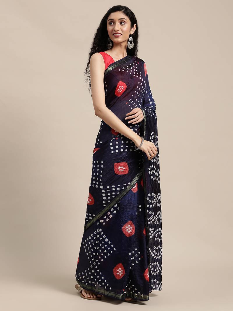 Geroo Jaipur Navy Blue Hand Crafted Bandhani art silk saree
