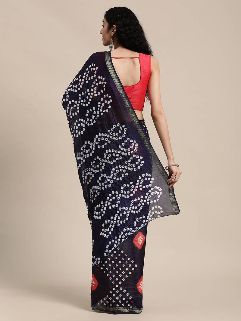 Geroo Jaipur Navy Blue Hand Crafted Bandhani art silk saree