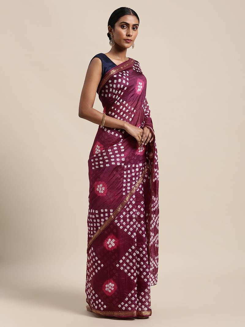 Geroo Jaipur Maroon Hand Crafted Bandhani art silk saree