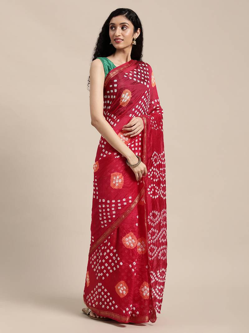 Geroo Jaipur Magenta Hand Crafted Bandhani art silk saree