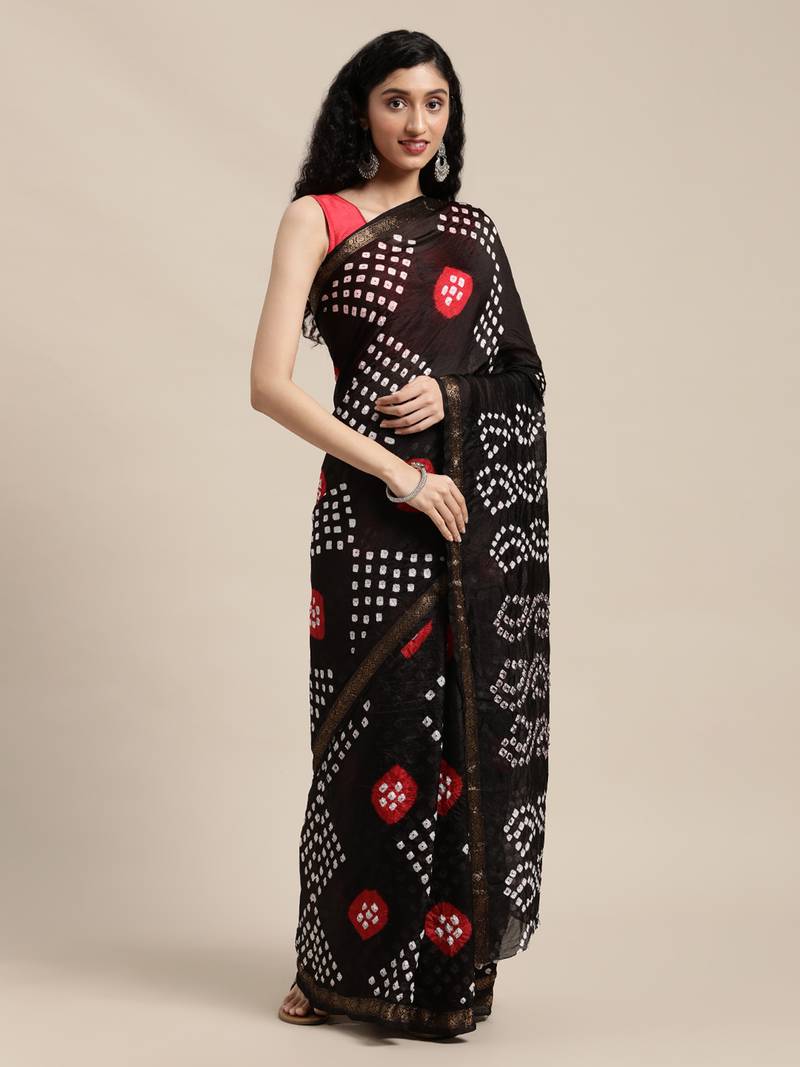 Geroo Jaipur Black Hand Crafted Bandhani art silk saree