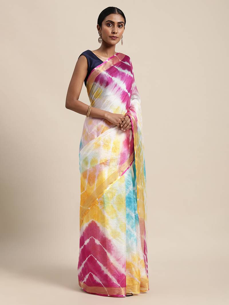 Geroo Jaipur Multi Hand Crafted tie & dye/Bandhani multi colour art Kota silk saree