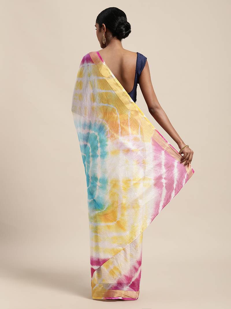 Geroo Jaipur Multi Hand Crafted tie & dye/Bandhani multi colour art Kota silk saree