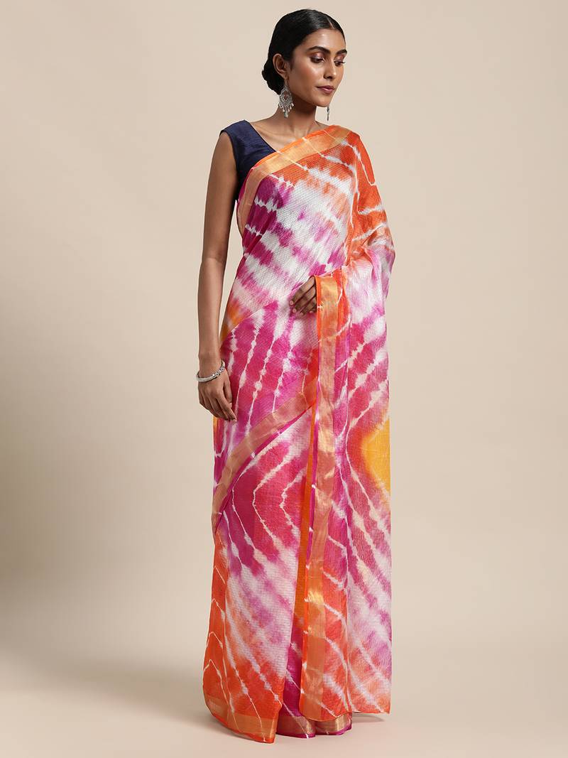 Geroo Jaipur Multi Hand Crafted tie & dye/Bandhani multi colour art Kota silk saree