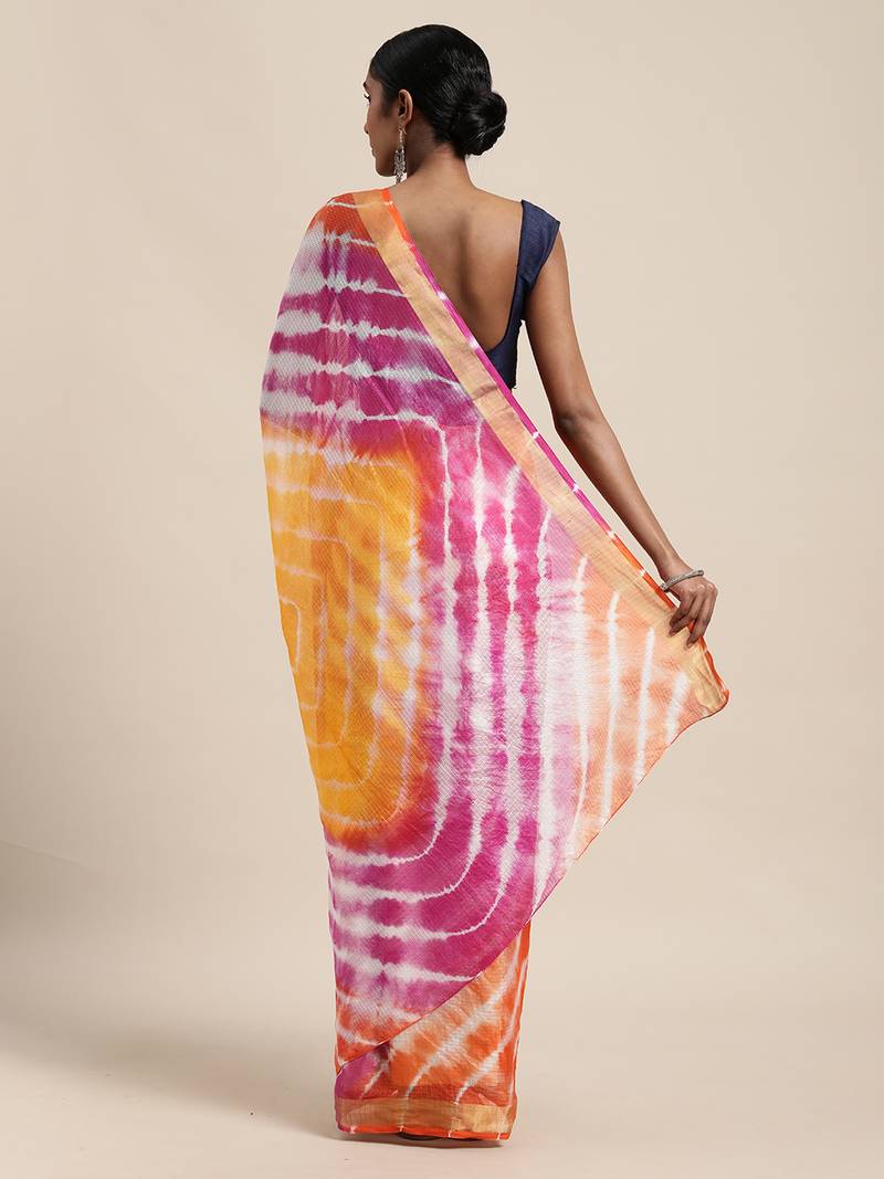 Geroo Jaipur Multi Hand Crafted tie & dye/Bandhani multi colour art Kota silk saree