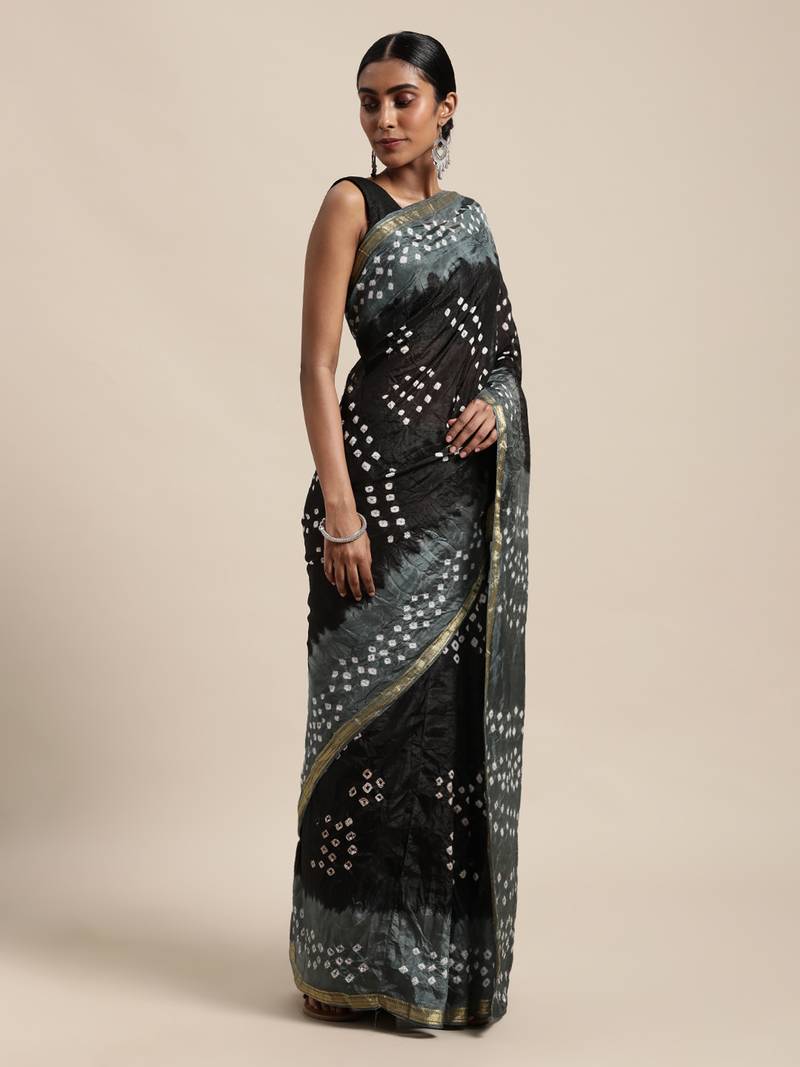 Geroo Jaipur Black Hand Crafted tie & dye/Bandhani art silk saree