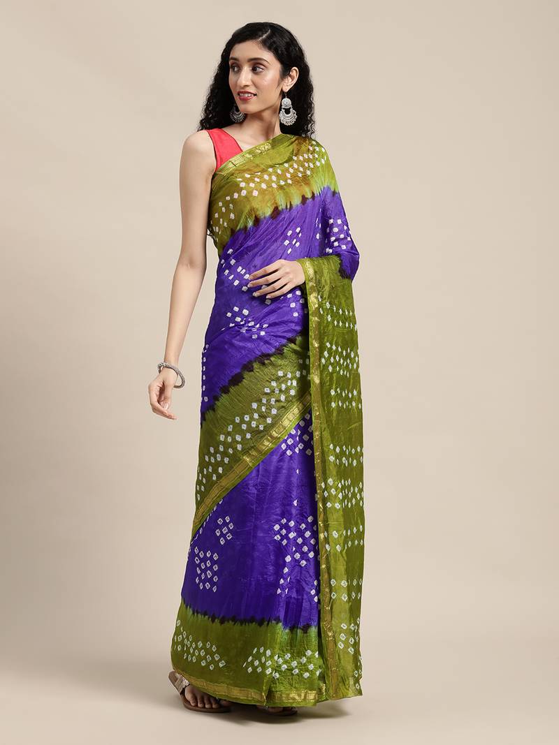 Geroo Jaipur Purple Hand Crafted tie & dye/Bandhani art silk saree