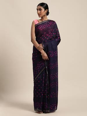Geroo Jaipur Navy Blue Hand Crafted tie & dye/Bandhani art silk saree 1