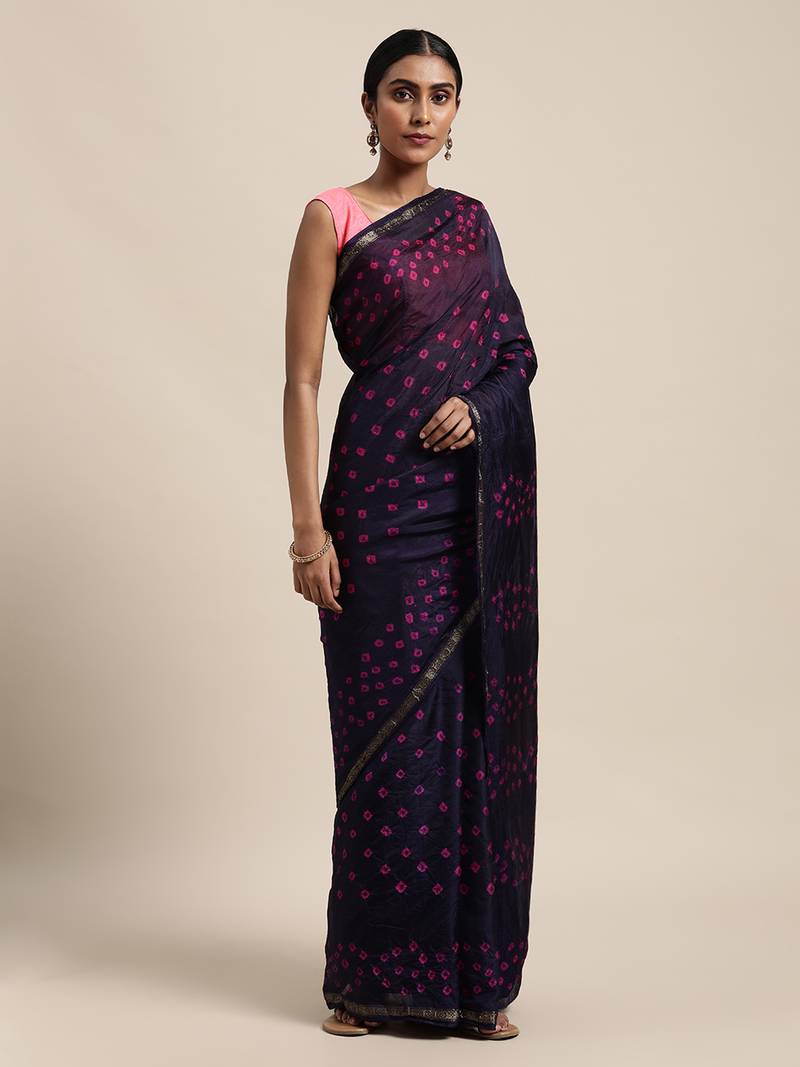 Geroo Jaipur Navy Blue Hand Crafted tie & dye/Bandhani art silk saree