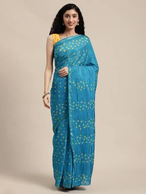Geroo Jaipur Turquoise Blue Hand Crafted tie & dye/Bandhani art silk saree 1