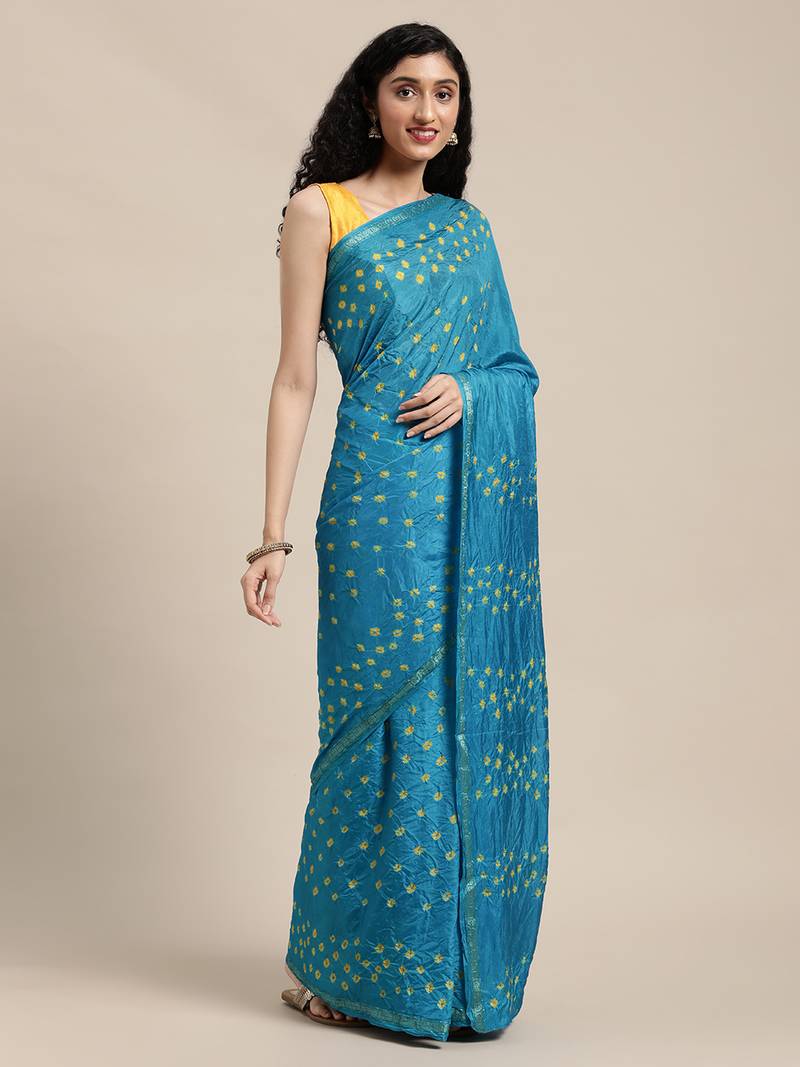 Geroo Jaipur Turquoise Blue Hand Crafted tie & dye/Bandhani art silk saree