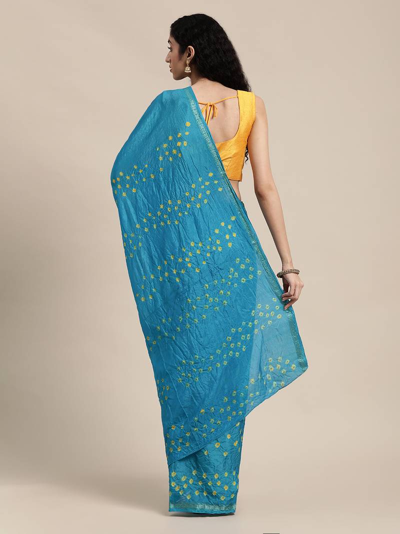 Geroo Jaipur Turquoise Blue Hand Crafted tie & dye/Bandhani art silk saree
