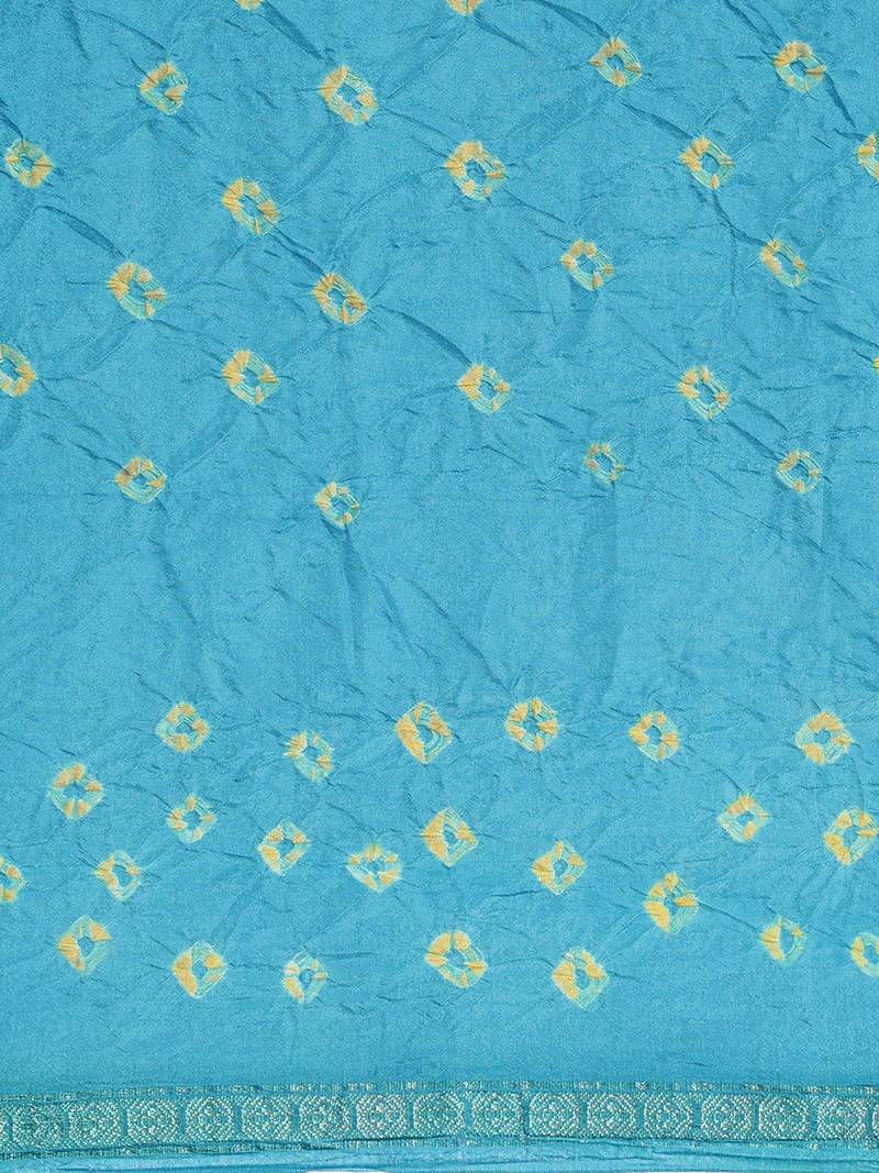 Geroo Jaipur Turquoise Blue Hand Crafted tie & dye/Bandhani art silk saree