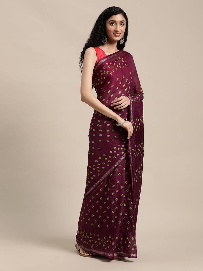 Geroo Jaipur Maroon Hand Crafted tie & dye/Bandhani art silk saree