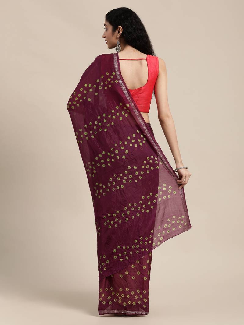 Geroo Jaipur Maroon Hand Crafted tie & dye/Bandhani art silk saree