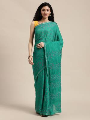 Geroo Jaipur Green Hand Crafted tie & dye/Bandhani art silk saree 1