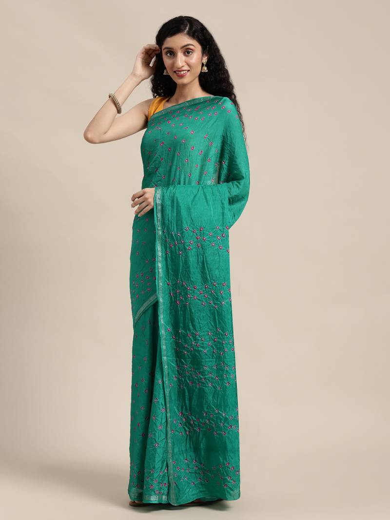 Geroo Jaipur Green Hand Crafted tie & dye/Bandhani art silk saree