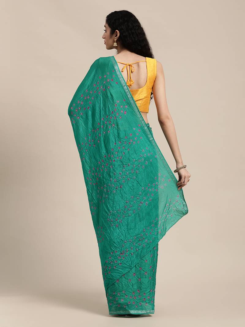 Geroo Jaipur Green Hand Crafted tie & dye/Bandhani art silk saree