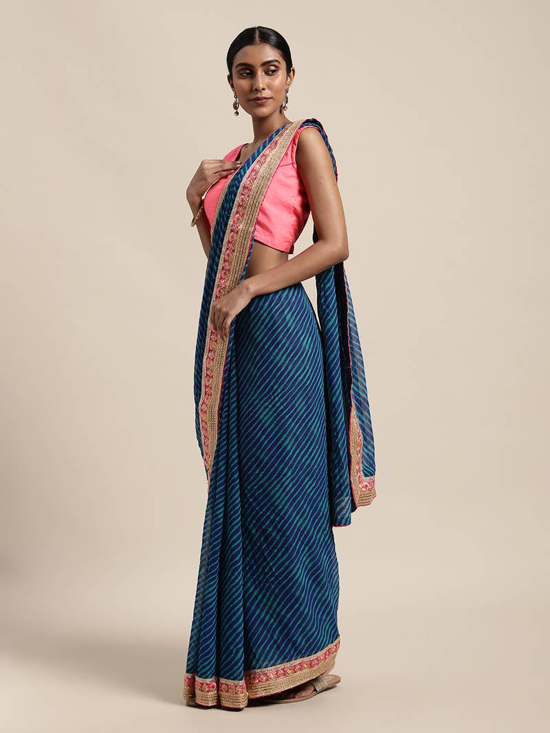 Geroo Jaipur Blue Rajasthani printed georgette Lehariya saree