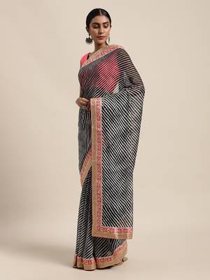   Black Rajasthani printed georgette Lehariya saree 2